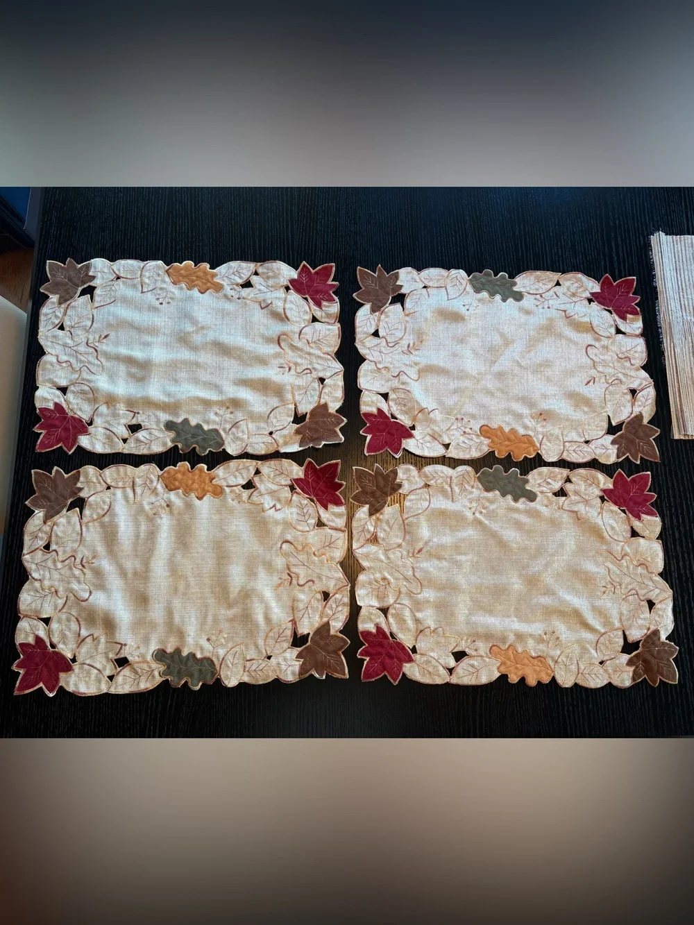 Matching Embroidered Autumn Leaf Cloth Napkins and Placemats - Set of 4 pairs